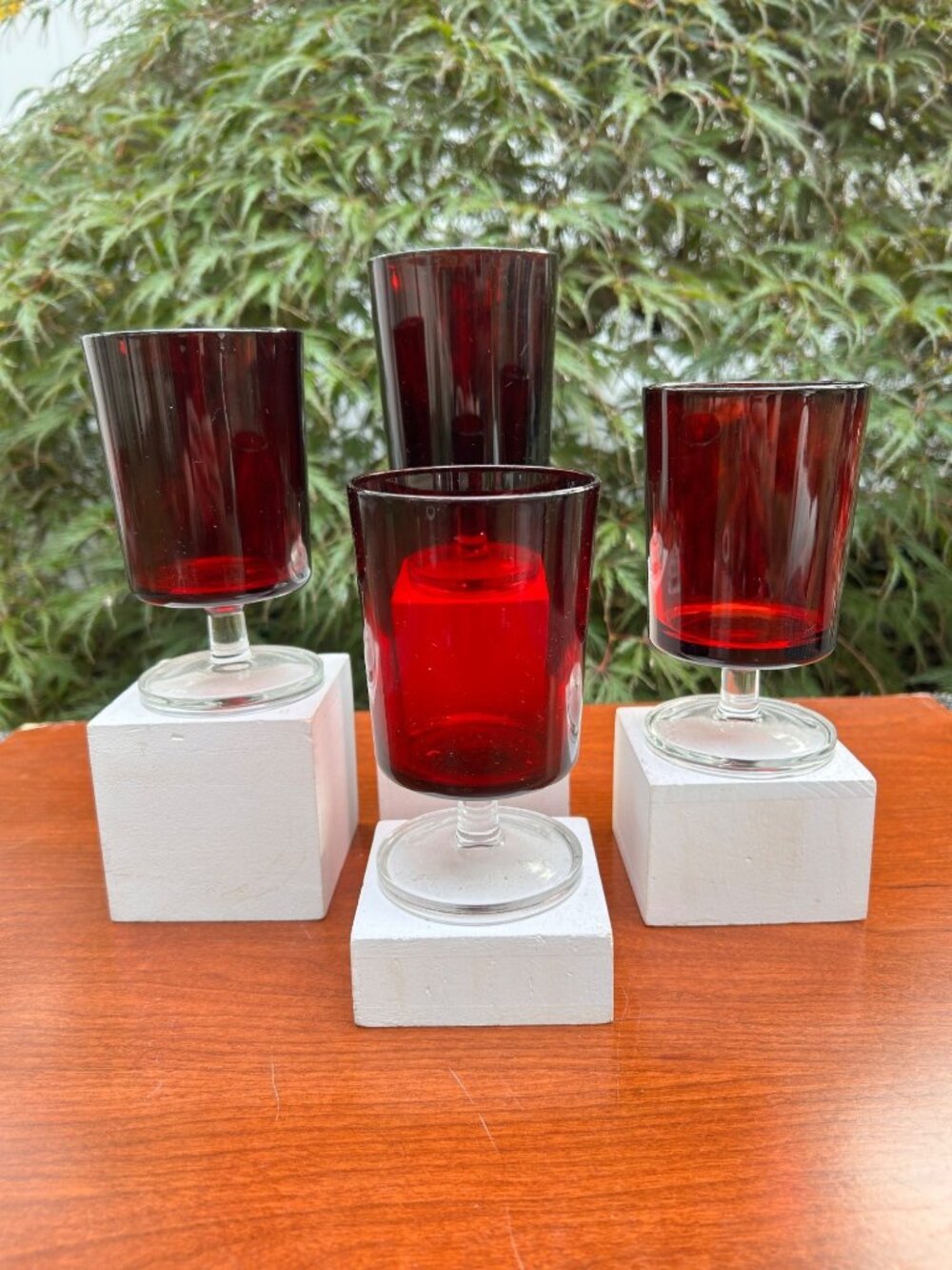 Vintage Ruby Red Luminarc Arcoroc Footed Water Goblets.